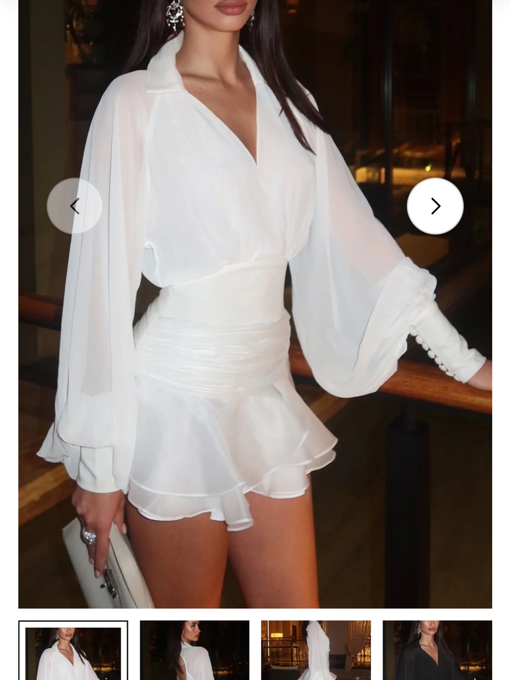White Chiffon Mini Dress with Bishop Sleeves and Ruched Waist